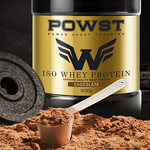 Bote Whey Protein Isolate, aislado de Proteína de Suero de Leche en polvo con BCAA aminoacidos, 1Kg (Sabor Chocolate) POWST