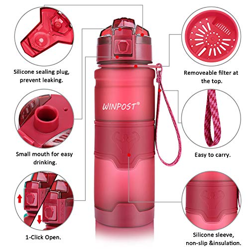 Botella de Agua Deporte 500ml/700ml/1l, sin bpa tritan plastico, Reutilizables a Prueba de Fugas Botellas Potable con Filtro para niños, Colegio, Sport, Gimnasio, Trekking, Bicicleta (Dark Red, 500ml)