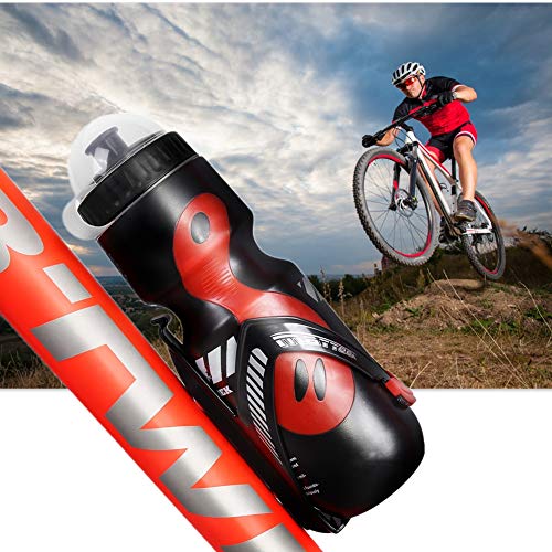 Botella de Agua Deportiva, Botella de Agua de Deportes 650ml con Soporte de Bicicleta Soporte de Jaula para Bicicletas de Montaña de Ciclo(Black+Red)