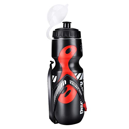 Botella de Agua Deportiva, Botella de Agua de Deportes 650ml con Soporte de Bicicleta Soporte de Jaula para Bicicletas de Montaña de Ciclo(Black+Red)