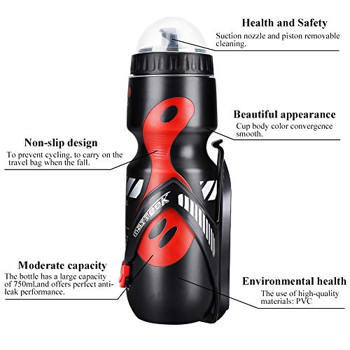 Botella de Agua Deportiva, Botella de Agua de Deportes 650ml con Soporte de Bicicleta Soporte de Jaula para Bicicletas de Montaña de Ciclo(Black+Red)