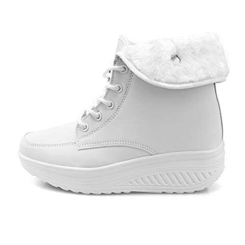 Botines Invierno Mujer Botas de Mujer Cordones Zapatos para Caminar Forrados de Piel Sintética（39 EU,Blanco