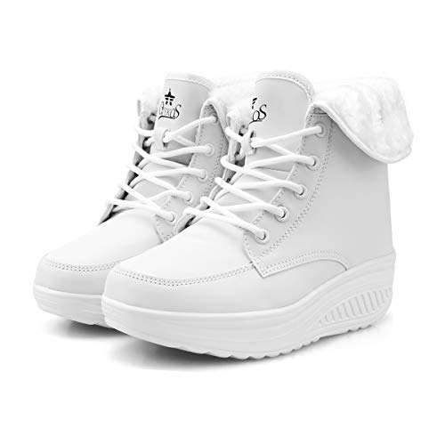 Botines Invierno Mujer Botas de Mujer Cordones Zapatos para Caminar Forrados de Piel Sintética（39 EU,Blanco