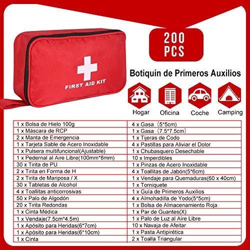 Botiquín de Primeros Auxilios de 200 Piezas,con Hielo, Manta de Emergencia,Máscara de RCP, Survival Tools Kit Bolsa Médica Emergencias para Coche, Hogar, Camping, Caza, Viajes, Aire Libre o Deportes