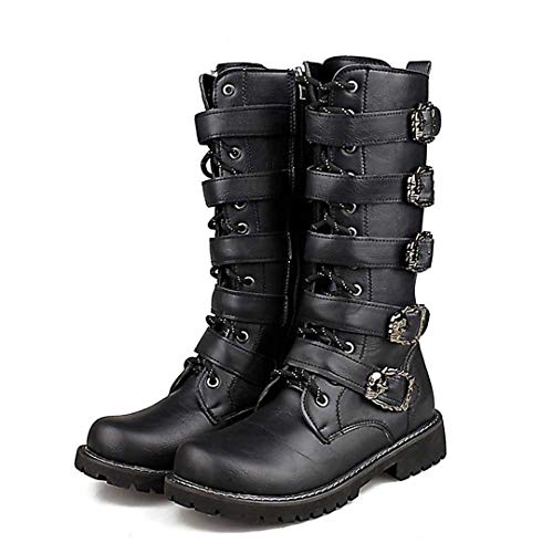 Bottes Moto Hommes Motocross Bottes Moto Chaussures en Cuir PU Rock mi-mollet Boucle Punk Martin Bottes 555 Black 9.5