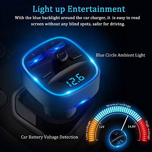 Bovon Transmisor FM Bluetooth Coche, [Luz de Anillo Azul] Manos Libres Bluetooth para Coche, Cargador de Coche con Doble USB Reproductor MP3 Mechero Coche, Adaptador Radio Soporte Tarjeta SD y U Disk