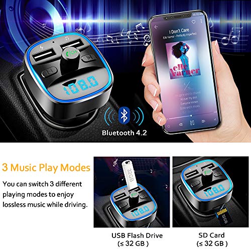 Bovon Transmisor FM Bluetooth Coche, [Luz de Anillo Azul] Manos Libres Bluetooth para Coche, Cargador de Coche con Doble USB Reproductor MP3 Mechero Coche, Adaptador Radio Soporte Tarjeta SD y U Disk