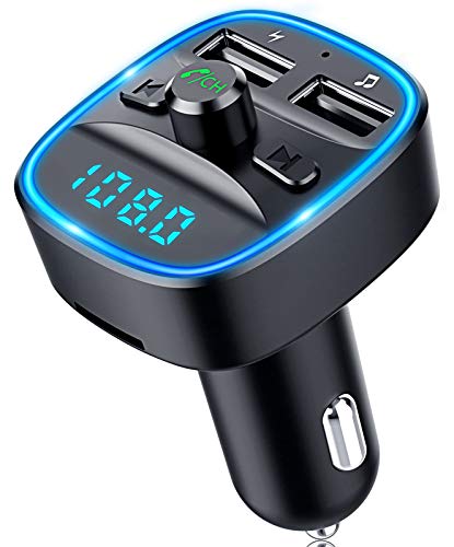 Bovon Transmisor FM Bluetooth Coche, [Luz de Anillo Azul] Manos Libres Bluetooth para Coche, Cargador de Coche con Doble USB Reproductor MP3 Mechero Coche, Adaptador Radio Soporte Tarjeta SD y U Disk