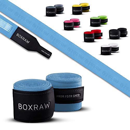 BOXRAW Vendas De Boxeo Profesionales 4.5m Azúl Neón | Gratis Bolsa De Transporte & Correas de Goma | Boxeo MMA Envolturas De Manos Elásticas