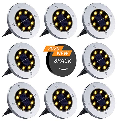 BOZHZO Luces Solares LED Exterior Jardin, Luces Solar de Tierra Luz para suelo Lámparas solares para jardín al aire libre con 8LED 8pcs Lámpara Solar Luz Exterior（Blanco Calido）