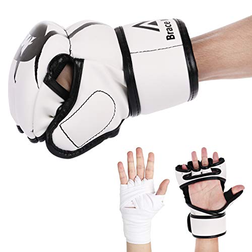 Brace Master MMA Gloves Guantes UFC Guantes de Boxeo para Hombres Mujeres Cuero Más Acolchado Saco de Boxeo sin Dedos Guantes para Kickboxing, Sparring, Muay Thai y Heavy Bag (Blanco L)