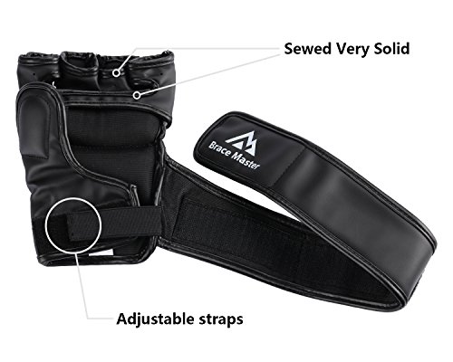 Brace Master MMA Gloves Guantes UFC Guantes de Boxeo para Hombres Mujeres Cuero Más Acolchado Saco de Boxeo sin Dedos Guantes para Kickboxing, Sparring, Muay Thai y Heavy Bag (Negro M)