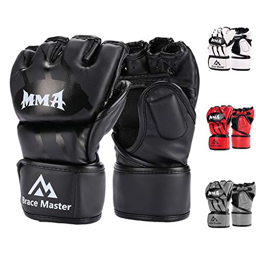 Brace Master MMA Gloves Guantes UFC Guantes de Boxeo para Hombres Mujeres Cuero Más Acolchado Saco de Boxeo sin Dedos Guantes para Kickboxing, Sparring, Muay Thai y Heavy Bag (Negro M)