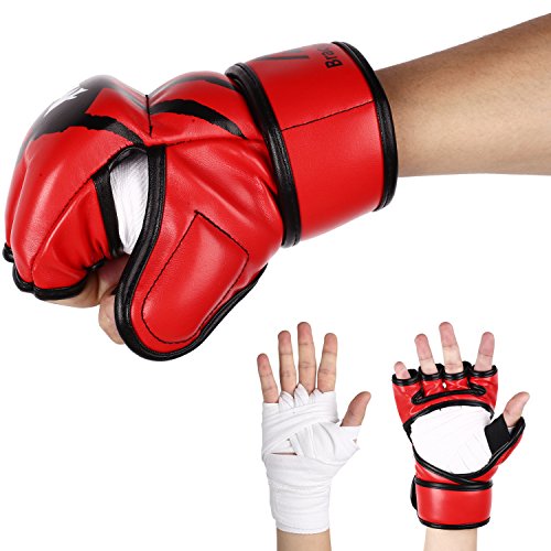 Brace Master MMA Gloves Guantes UFC Guantes de Boxeo para Hombres Mujeres Cuero Más Acolchado Saco de Boxeo sin Dedos Guantes para Kickboxing, Sparring, Muay Thai y Heavy Bag (Rojo L)