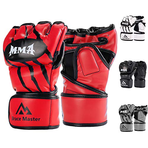 Brace Master MMA Gloves Guantes UFC Guantes de Boxeo para Hombres Mujeres Cuero Más Acolchado Saco de Boxeo sin Dedos Guantes para Kickboxing, Sparring, Muay Thai y Heavy Bag (Rojo L)