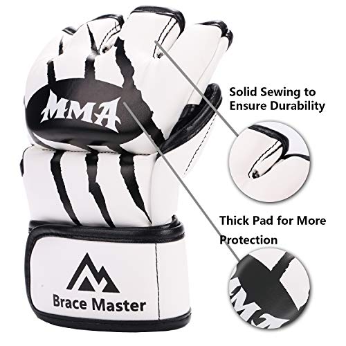 Brace Master MMA Gloves Guantes UFC Guantes de Boxeo para Hombres Mujeres Cuero Más Acolchado Saco de Boxeo sin Dedos Guantes para Kickboxing, Sparring, Muay Thai y Heavy Bag (Blanco L)