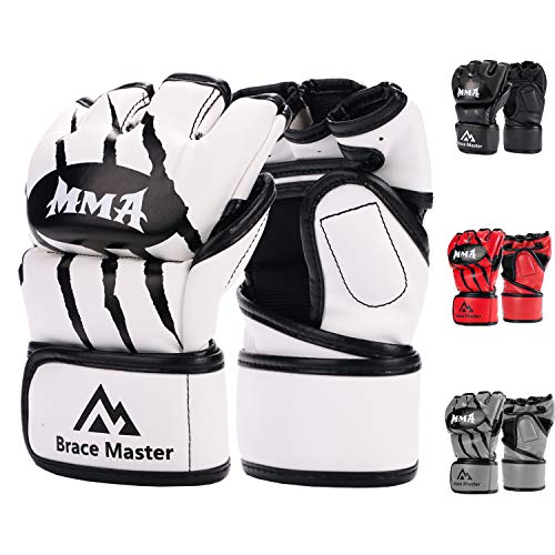 Brace Master MMA Gloves Guantes UFC Guantes de Boxeo para Hombres Mujeres Cuero Más Acolchado Saco de Boxeo sin Dedos Guantes para Kickboxing, Sparring, Muay Thai y Heavy Bag (Blanco L)