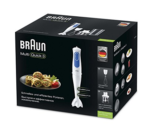 Braun Minipimer 3 MQ3025 - Batidora de Mano de 700W, 2 Velocidades, Antisalpicaduras, 3 Accesorios (Varillas, Minipicadora de 350 ml, Vaso Medidor de 600 ml), Color Blanco y Azul