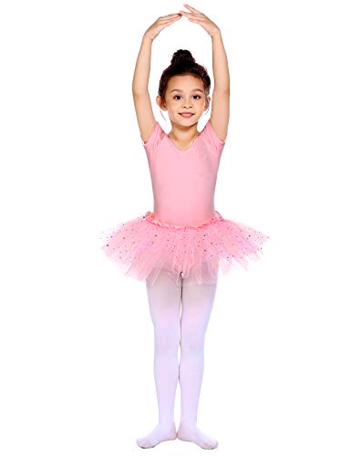 Bricnat Vestido de ballet para niña, manga corta, maillot de ballet, vestido de danza, body de algodón con falda tutú rosa 150