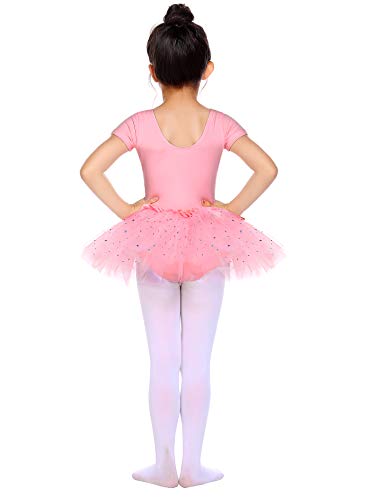 Bricnat Vestido de ballet para niña, manga corta, maillot de ballet, vestido de danza, body de algodón con falda tutú rosa 150