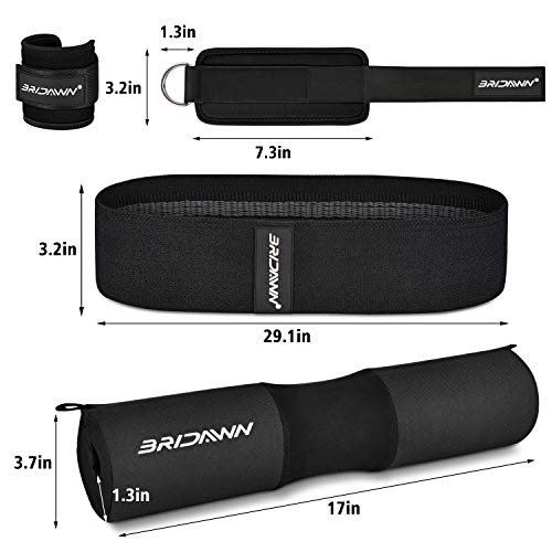 bridawn Barbell Squat Pad Conjunto Barra Sentadillas para Squats Hip Thrust Viene con 2 Correas de Tobillo de Banda de Resistencia de la Cadera Bolsa de Almacenamiento Se Adapta a la Barra Olímpica