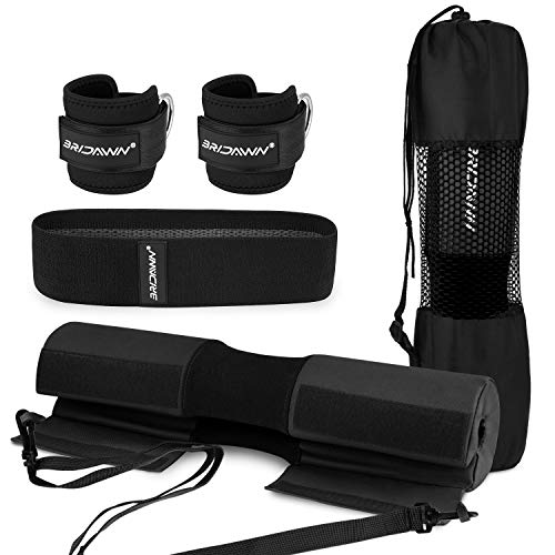 bridawn Barbell Squat Pad Conjunto Barra Sentadillas para Squats Hip Thrust Viene con 2 Correas de Tobillo de Banda de Resistencia de la Cadera Bolsa de Almacenamiento Se Adapta a la Barra Olímpica