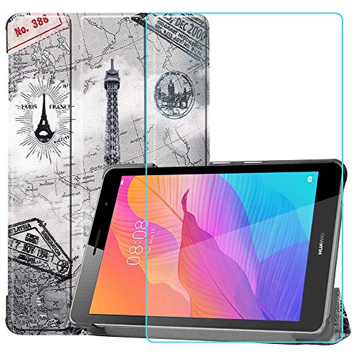 Brifu Funda para Huawei Matepad T8 2020,Funda Protectora ultradelgada de PU función de Soporte, Torre Eiffel + 1x película Protectora de Vidrio Templado