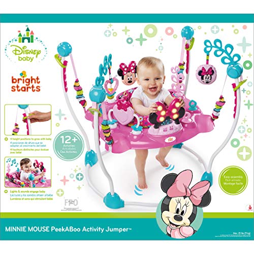 Bright Starts, Disney Baby Saltador y Centro de actividades Minnie con luces y música, asiento giratorio, 4 alturas regulables, 12 juguetes interactivos, a partir de 6 meses