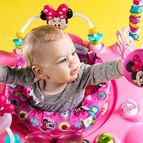 Bright Starts, Disney Baby Saltador y Centro de actividades Minnie con luces y música, asiento giratorio, 4 alturas regulables, 12 juguetes interactivos, a partir de 6 meses