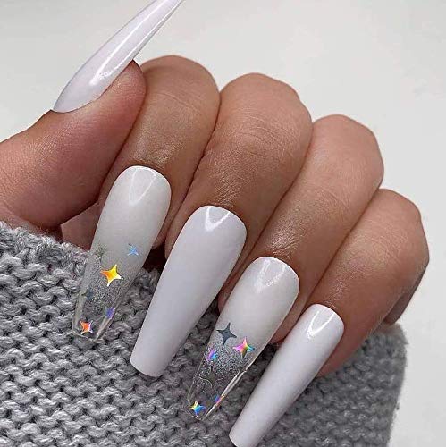 Brishow Uñas postizas largas blancas Brillo de estrella Decoraciones navideñas Presione en las uñas Bailarina Acrílico en las uñas 24 piezas para mujeres y niñas