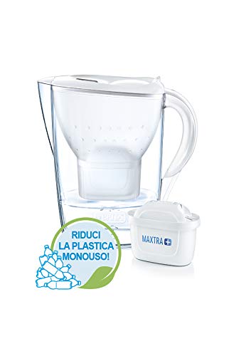 BRITA Marella blanca Pack Ahorro – Jarra de Agua Filtrada con 6 cartuchos MAXTRA+, Filtro de agua BRITA que reduce la cal y el cloro, Agua filtrada para un sabor óptimo, 2.4L