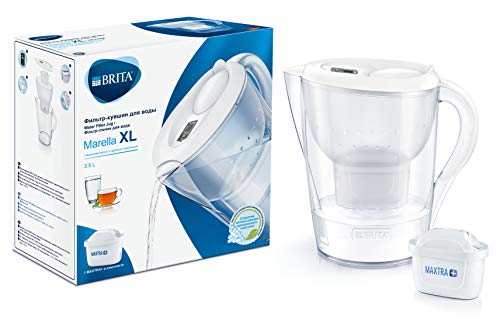 BRITA Marella blanca XL – Jarra de Agua Filtrada con 1 cartucho MAXTRA+, Filtro de agua BRITA que reduce la cal y el cloro, Agua filtrada para un sabor óptimo, 3.5L