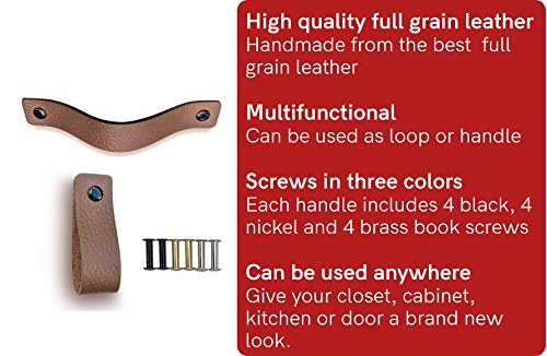 Brute Strength - Tirador de cuero - Gris topo - 6 piezas - 16,5 x 2,5 cm - incluye tres colores de tornillos por manija de cuero para los gabinetes de cocina - baño - gabinetes