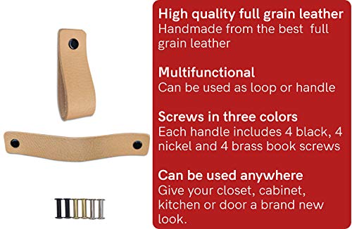 Brute Strength - Tirador de cuero - Natural - 4 piezas - 16,5 x 2,5 cm - incluye tres colores de tornillos por manija de cuero para los gabinetes de cocina - baño - gabinetes