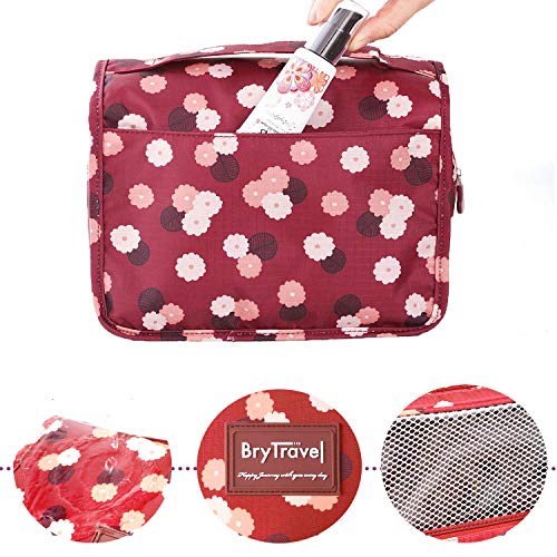 BryTravel Neceser para Colgar Viaje Bolsa de tocador, Upgraded Bolso Cosmético Impermeable de Gran Capacidad, multifunción Bolsa de Maquillaje Cosméticos Lavado de Viaje Bolsa (Roja Flor)