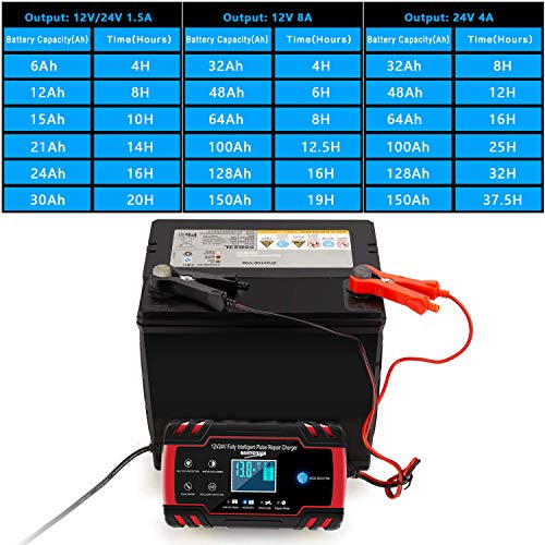 BUDDYGO Cargador de Batería, Cargador de Bateria Coche Moto 12V/24V Full Automático Inteligente Mantenimiento de Batería con Pantalla LCD y Múltiples Protecciones para Automóviles, Motos