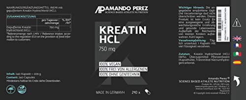 Buffered Creatin HCL- 750 mg - creatina tamponada HCL - alta dosis y pura - 240 cápsulas