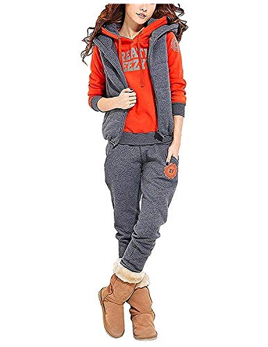 BUOYDM 3piezas Chándales para Mujer Conjuntos Deportivos Hoodie Sweatshirt con Capucha + Chaleco Chaqueta + Pantalones para Otoño e Invierno, Naranja M