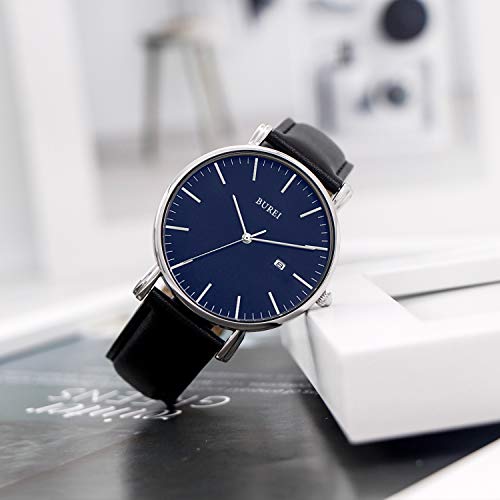 BUREI Reloj de Pulsera clásico para Hombres Estuche Ultra Fino Minimalista Dial analógico con Fecha Movimiento de Cuarzo japonés