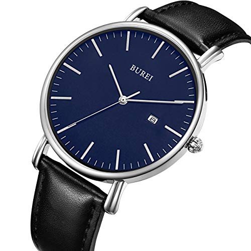 BUREI Reloj de Pulsera clásico para Hombres Estuche Ultra Fino Minimalista Dial analógico con Fecha Movimiento de Cuarzo japonés