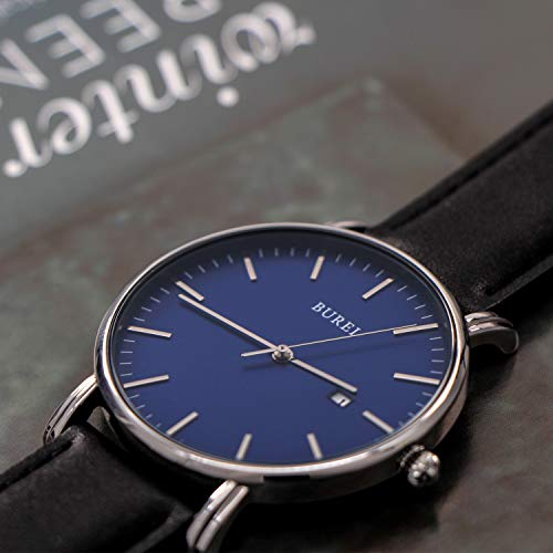 BUREI Reloj de Pulsera clásico para Hombres Estuche Ultra Fino Minimalista Dial analógico con Fecha Movimiento de Cuarzo japonés