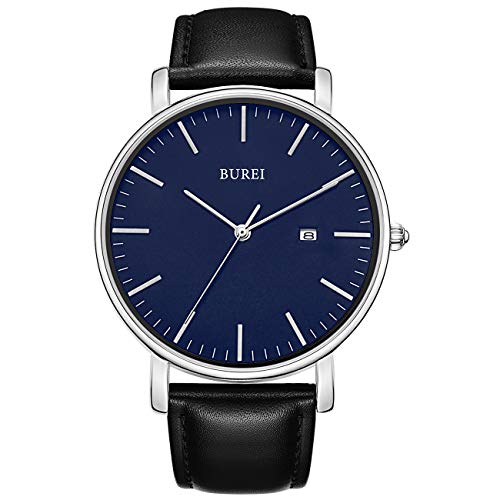 BUREI Reloj de Pulsera clásico para Hombres Estuche Ultra Fino Minimalista Dial analógico con Fecha Movimiento de Cuarzo japonés