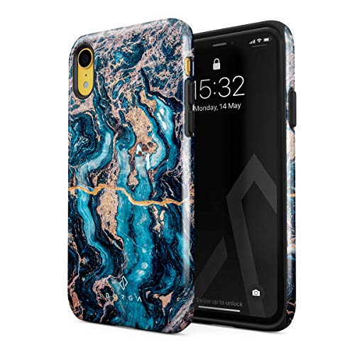 BURGA Phone Case Compatible with iPhone XR Crystal Blue Teal Turqoise Marble Heavy Duty Shockproof Dual Layer Hard Shell + Silicone Protective Cover