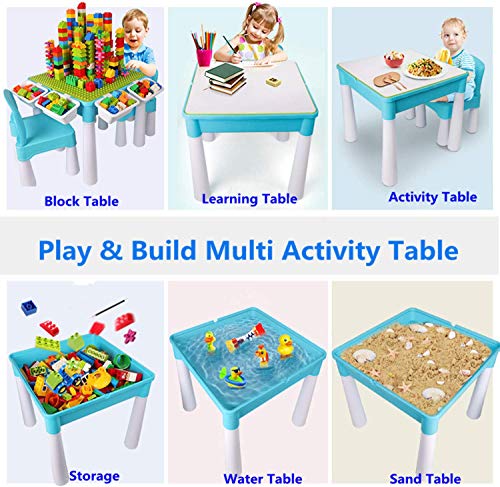 burgkidz Juego de Mesa Actividades Construccion Múltiples 5 en 1, Mesa y Silla Infantil con Bloques de Construcción Grandes de 128 Piezas, Juegos de Construcción para Niños, Azul