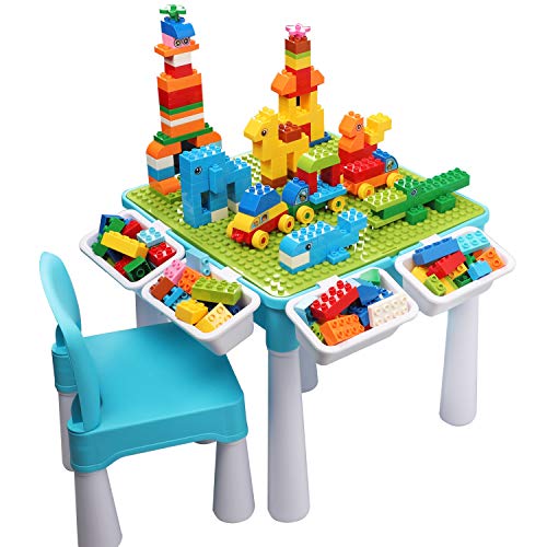 burgkidz Juego de Mesa Actividades Construccion Múltiples 5 en 1, Mesa y Silla Infantil con Bloques de Construcción Grandes de 128 Piezas, Juegos de Construcción para Niños, Azul