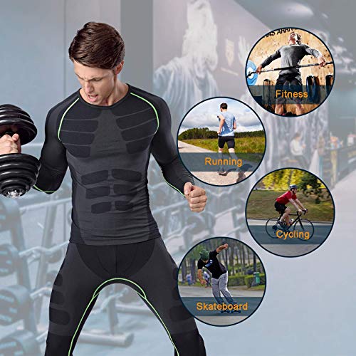 Bwiv Camiseta Hombre Deportiva Compresión Camiseta Interior Hombre Manga Larga Fitness Gimnasio Aire Libre para Entrenamiento Ciclismo de Negro Gris Línea Verde Talla XL