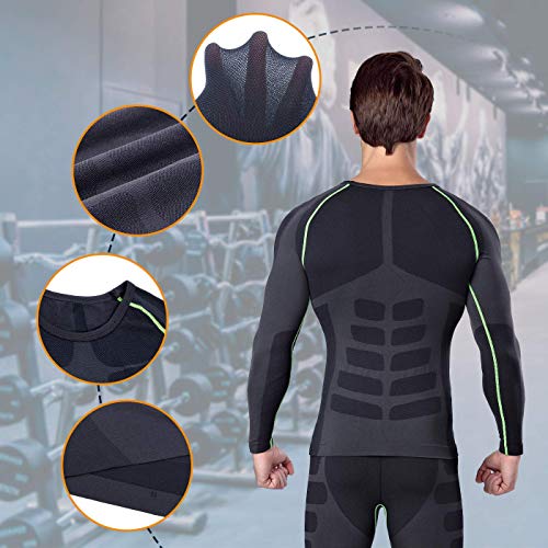 Bwiv Camiseta Hombre Deportiva Compresión Camiseta Interior Hombre Manga Larga Fitness Gimnasio Aire Libre para Entrenamiento Ciclismo de Negro Gris Línea Verde Talla XL