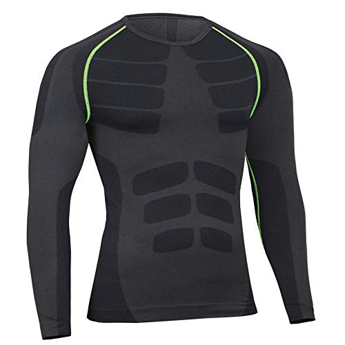 Bwiv Camiseta Hombre Deportiva Compresión Camiseta Interior Hombre Manga Larga Fitness Gimnasio Aire Libre para Entrenamiento Ciclismo de Negro Gris Línea Verde Talla XL