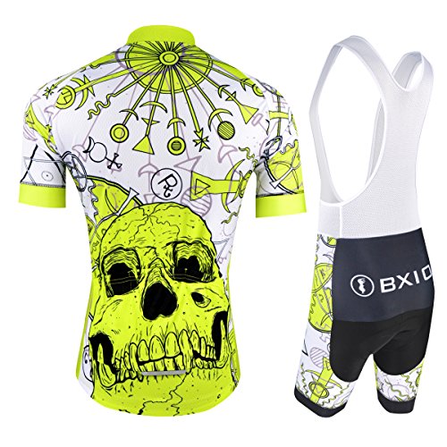 BXIO - Maillot de ciclismo para hombre, con tirantes y camiseta con media manga, doble licra y almohadilla de gel, color amarillo fluorescente, Equipo, Hombre, color Patrón de calavera