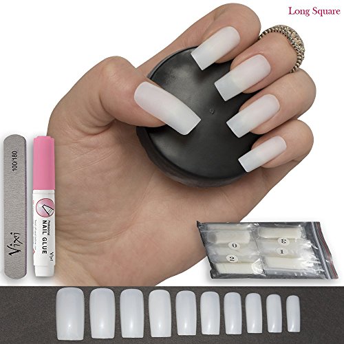 By Vixi SET DE UÑAS LARGO CUADRADO 500 uds. LIMA DE Y PREPARACIÓN PEGAMENTO Y GRATIS, 10 tamaños - de uñas postizas exprés de cobertura total Opaco para profesionales de salón y uso doméstico